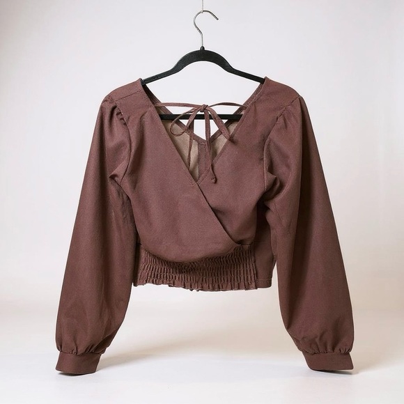 [WOMEN] GRL 🇯🇵 Plum Long Sleeve Back Tie Blouse | US S/JP M | Cottagecore V-Neck - Picture 3 of 8